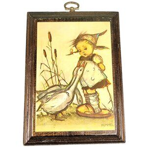 Vintage 40s Hummel Print on Wood Little Goose Girl Wall Hanging Plaque Home Deco